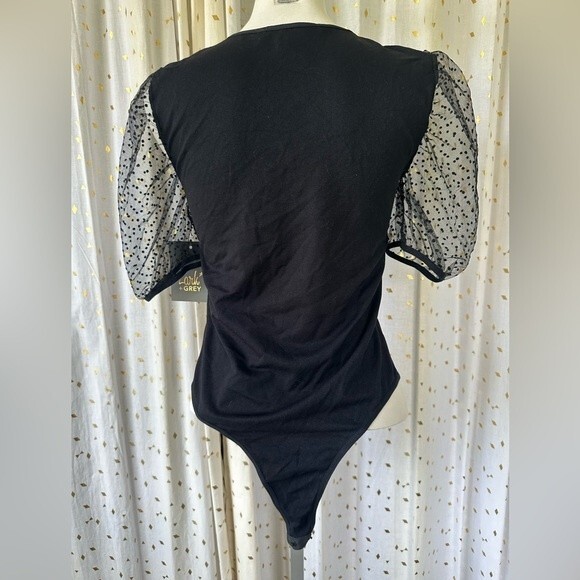 Lark + Grey NWT Women's V Neck Puff Mesh Polka Dot Sleeves Bodysuit L XL - Picture 4 of 7